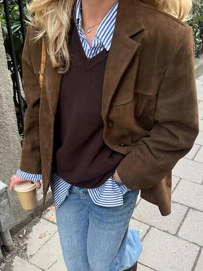 Cocolii blazer suedine boutonnage poches manches longues femme élégant vintage décontracté veste daim