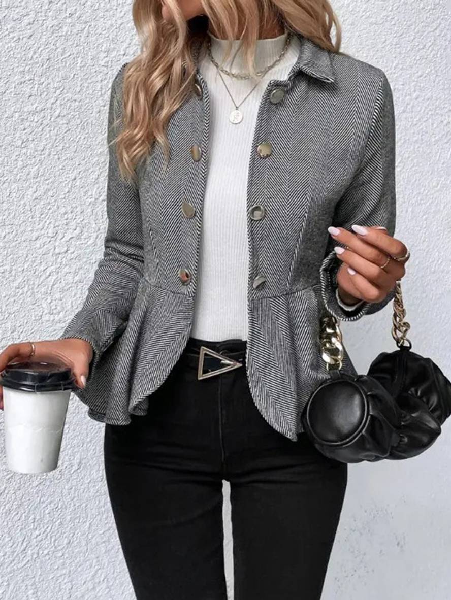 Cocolii court blazer chevrons peplum double boutonnage col revers manches longues femme élégant décontracté veste