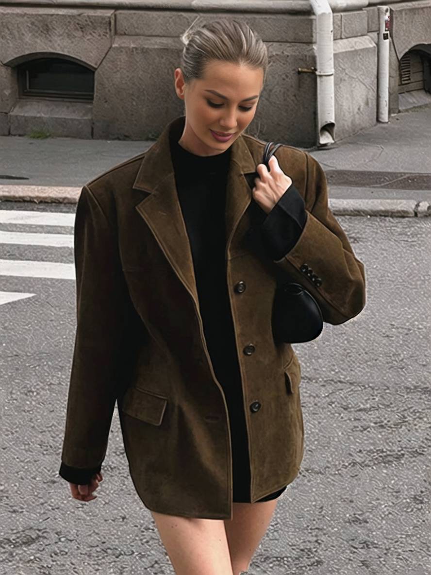 Cocolii oversized blazer en suedine boutonnage poches col revers manches longues femme élégant vintage décontracté veste