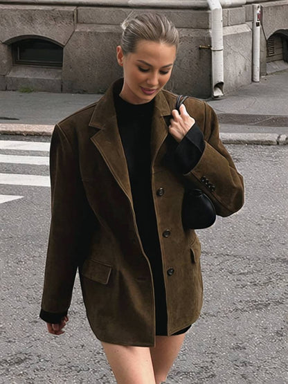 Cocolii oversized blazer en suedine boutonnage poches col revers manches longues femme élégant vintage décontracté veste