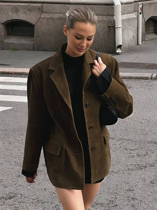 Cocolii oversized blazer en suedine boutonnage poches col revers manches longues femme élégant vintage décontracté veste