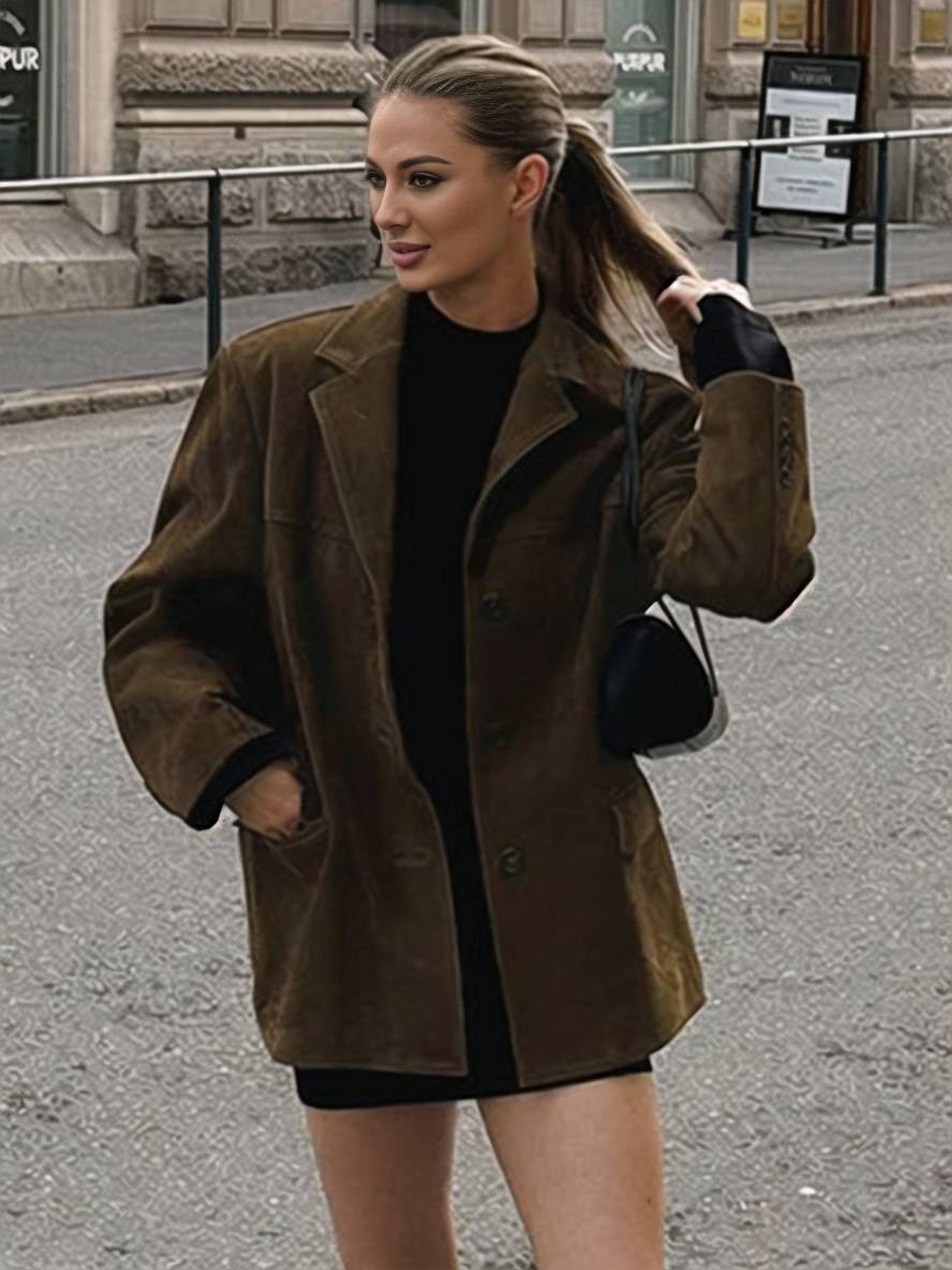Cocolii oversized blazer en suedine boutonnage poches col revers manches longues femme élégant vintage décontracté veste