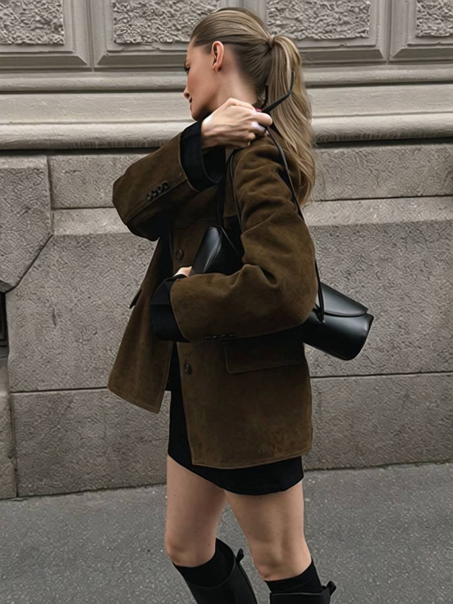 Cocolii oversized blazer en suedine boutonnage poches col revers manches longues femme élégant vintage décontracté veste