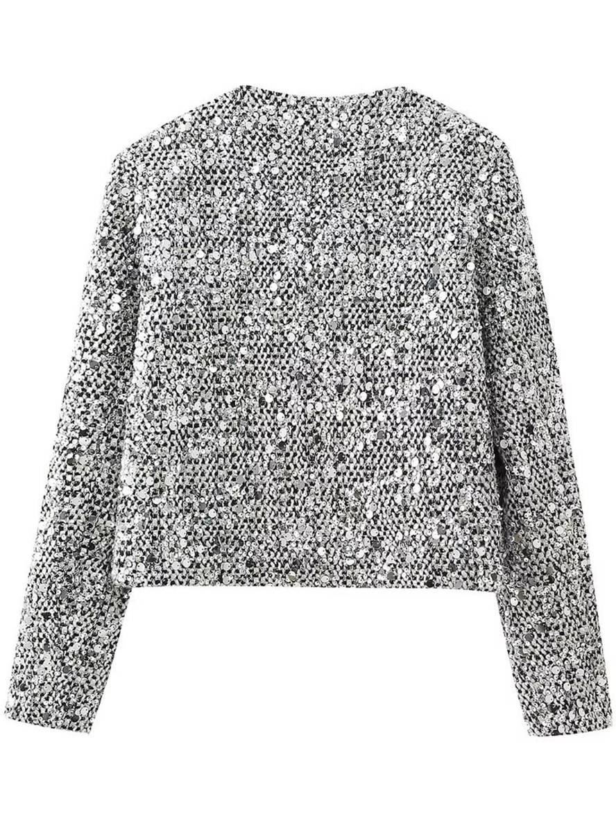 Cocolii blazer tweed brillante paillette col rond poches manches longues femme élégant décontracté veste
