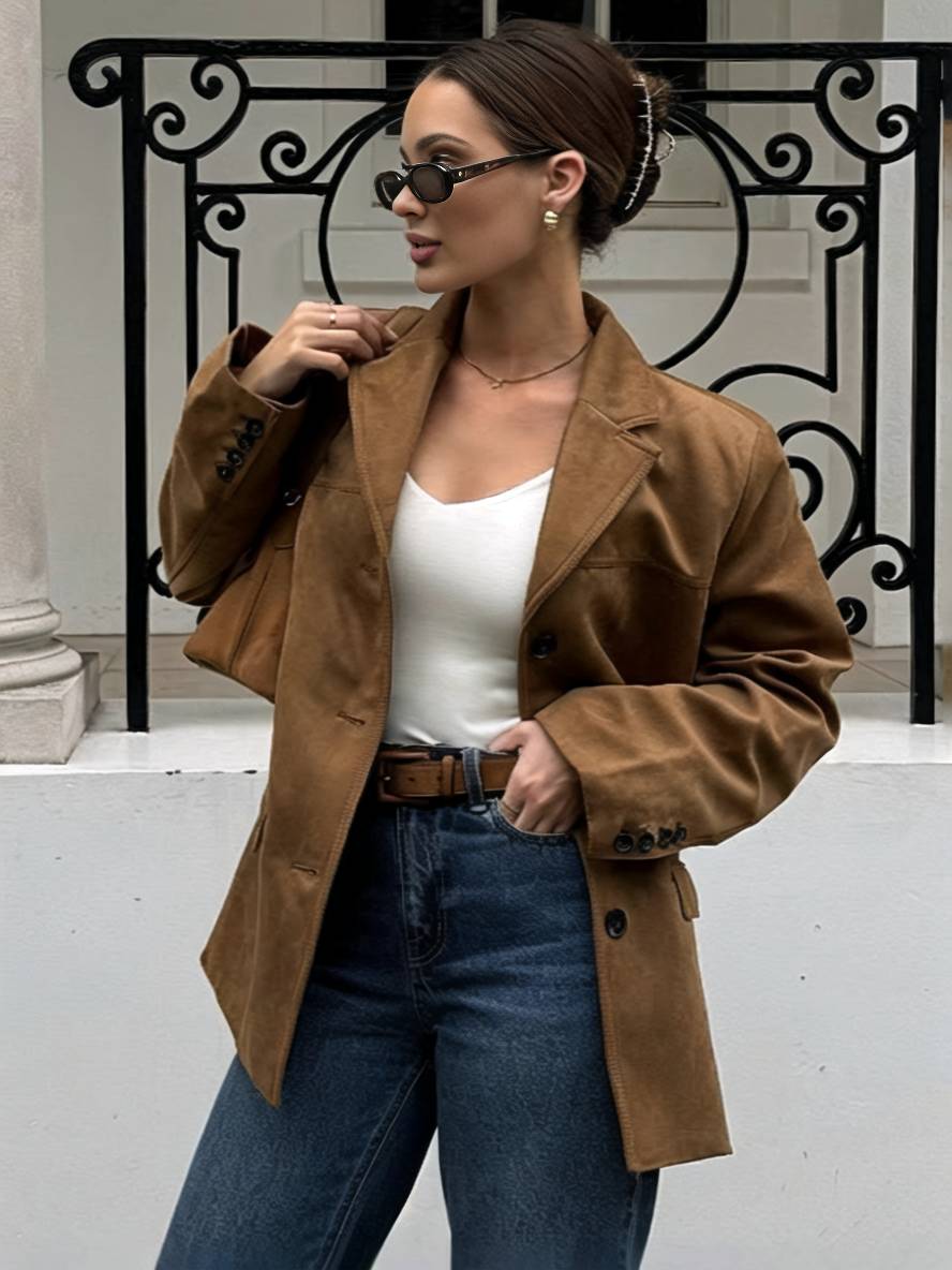 Cocolii blazer veste en daim boutonnage poches manches longues femme décontracté ample oversized manteau