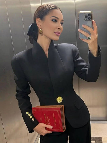 Cocolii court blazer de bureau femme élégant bouton doré original manches longues veste tailleur noire fit soirée travail mode