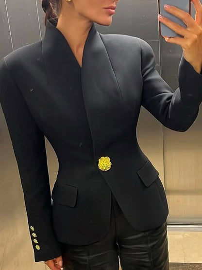 Cocolii court blazer de bureau femme élégant bouton doré original manches longues veste tailleur noire fit soirée travail mode