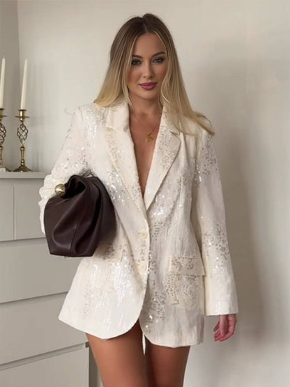 Cocolii blazer brillante paillette v-cou boutons poches manches longues femme élégant simple décontracté veste