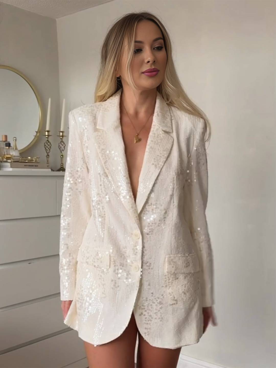 Cocolii blazer brillante paillette v-cou boutons poches manches longues femme élégant simple décontracté veste