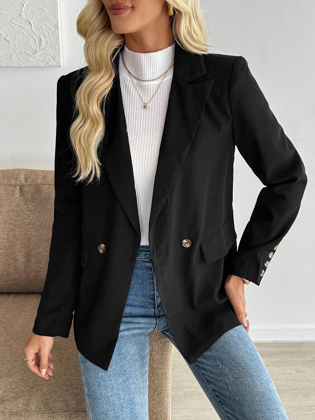 Cocolii blazer femme boutons poches col revers manches longues style tailleur simple décontracté travail blouson