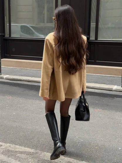 Cocolii blazer en suedine boutonnage poches col revers manches longues femme élégant vintage décontracté blouson