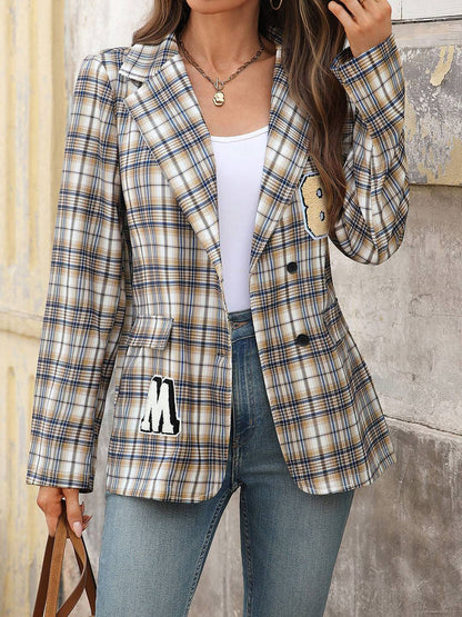 Cocolii blazer femme carreaux boutonnage poches manches longues femme mignon veste de dureau ouverte travail automne