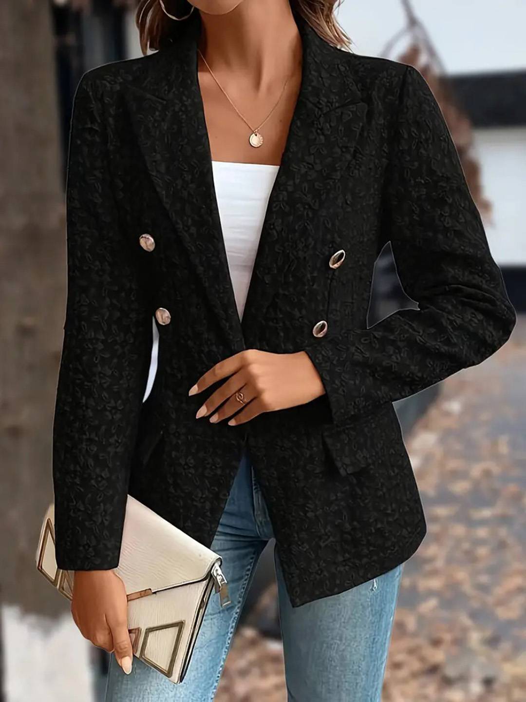 Cocolii court jacquard blazer femme double boutonnage manches longues décontracté mode veste de bureau automne
