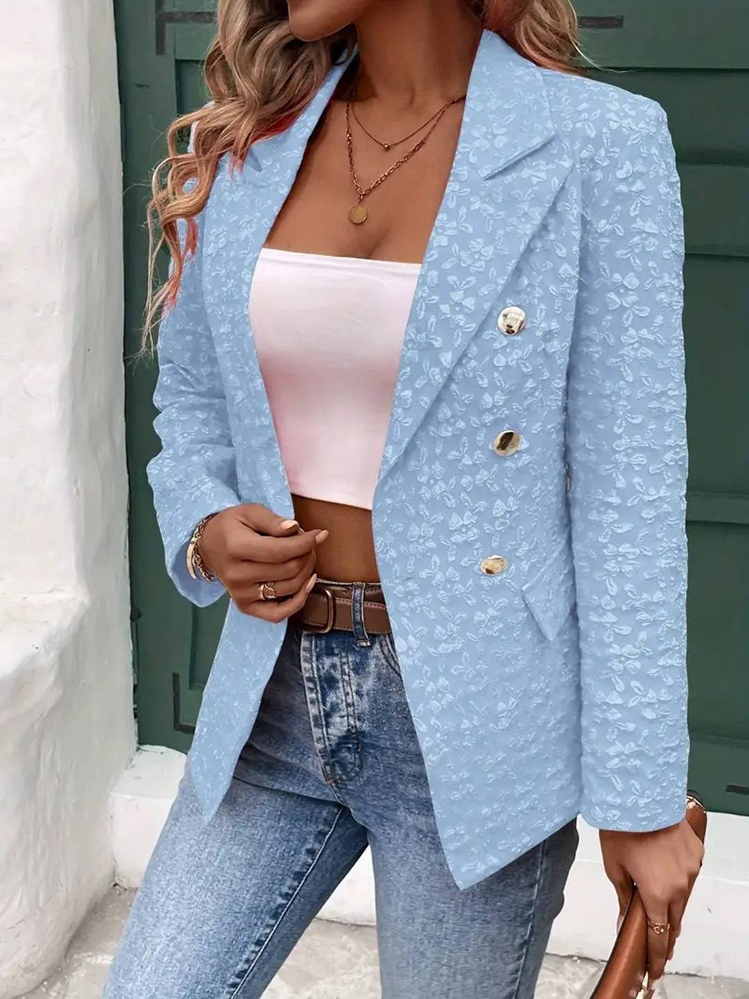 Cocolii court jacquard blazer femme double boutonnage manches longues décontracté mode veste de bureau automne