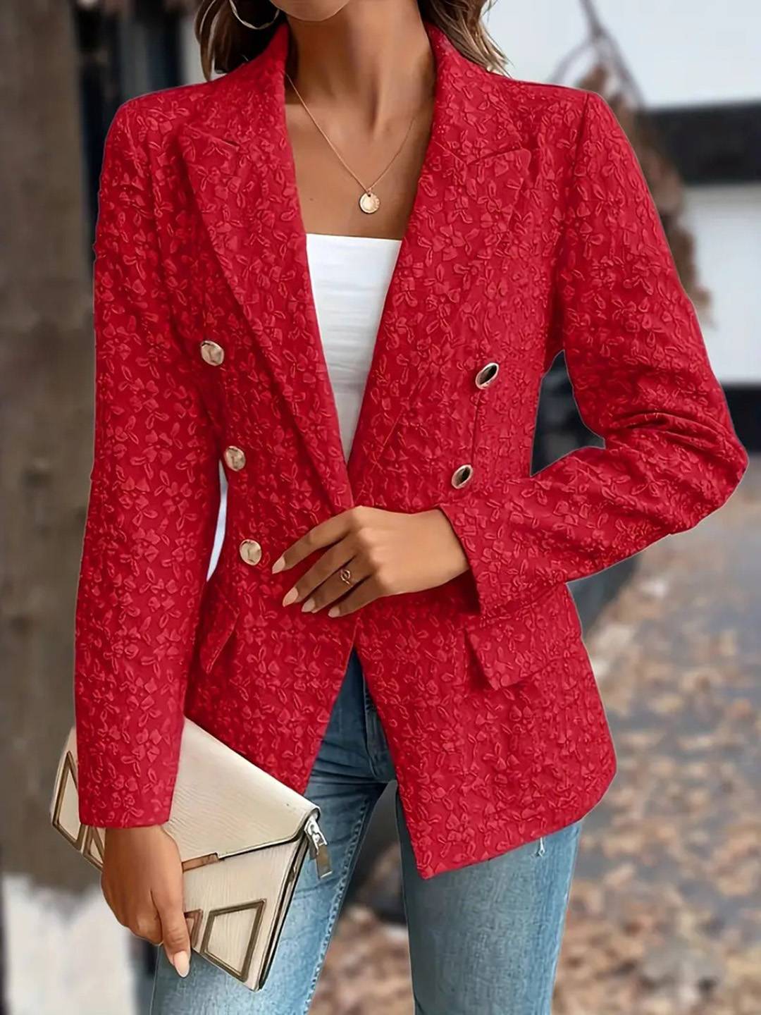 Cocolii court jacquard blazer femme double boutonnage manches longues décontracté mode veste de bureau automne