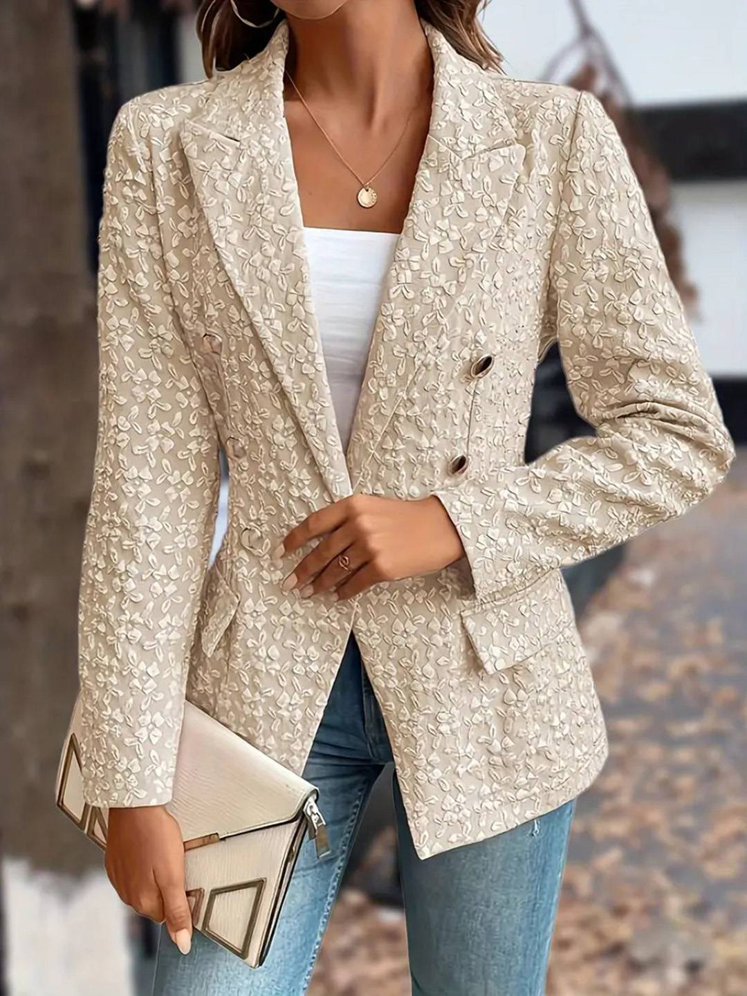 Cocolii court jacquard blazer femme double boutonnage manches longues décontracté mode veste de bureau automne