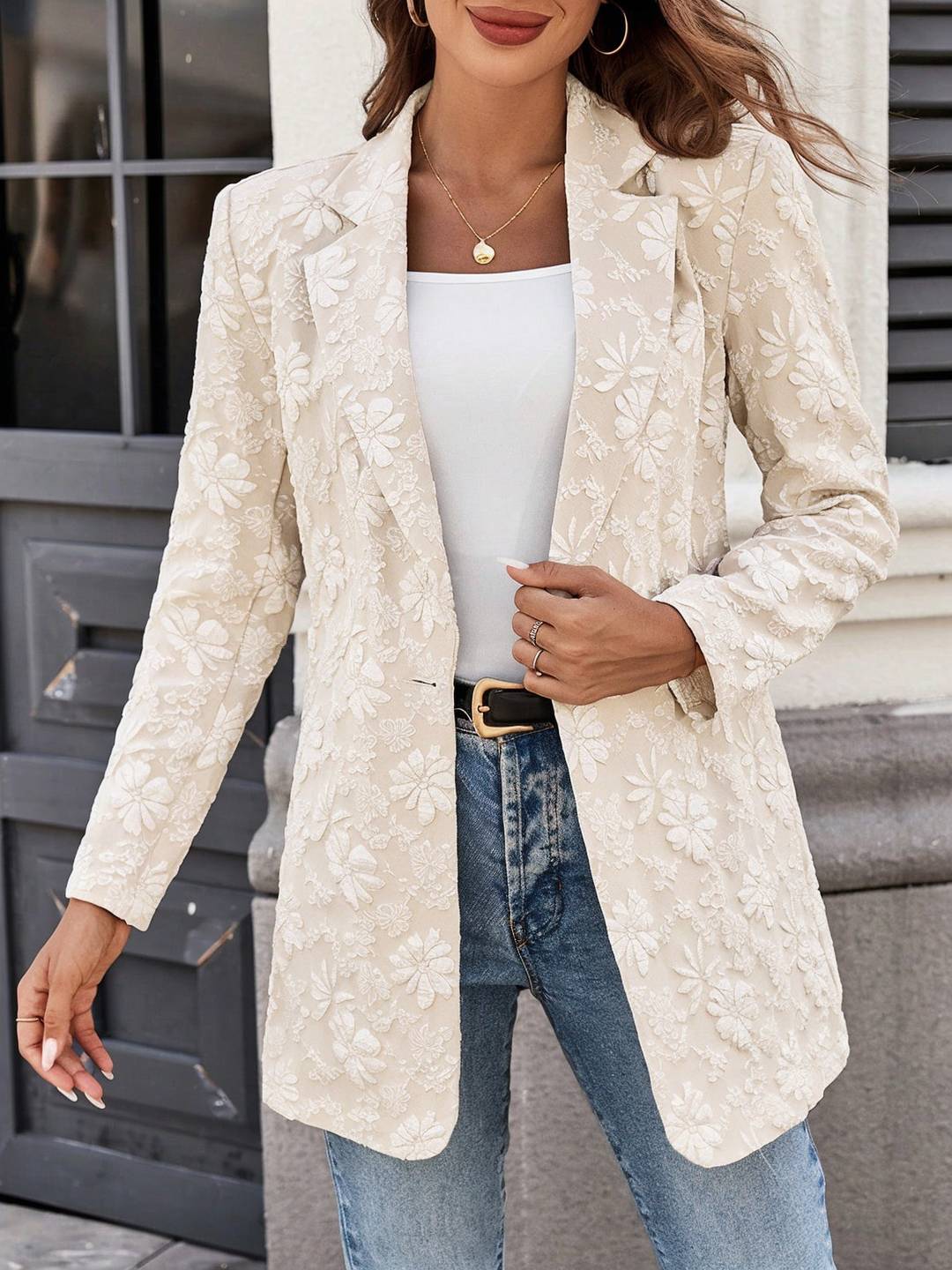 Cocolii blazer femme chic jacquard floral boutons poches manches longues décontracté mode casual veste de bureau automne