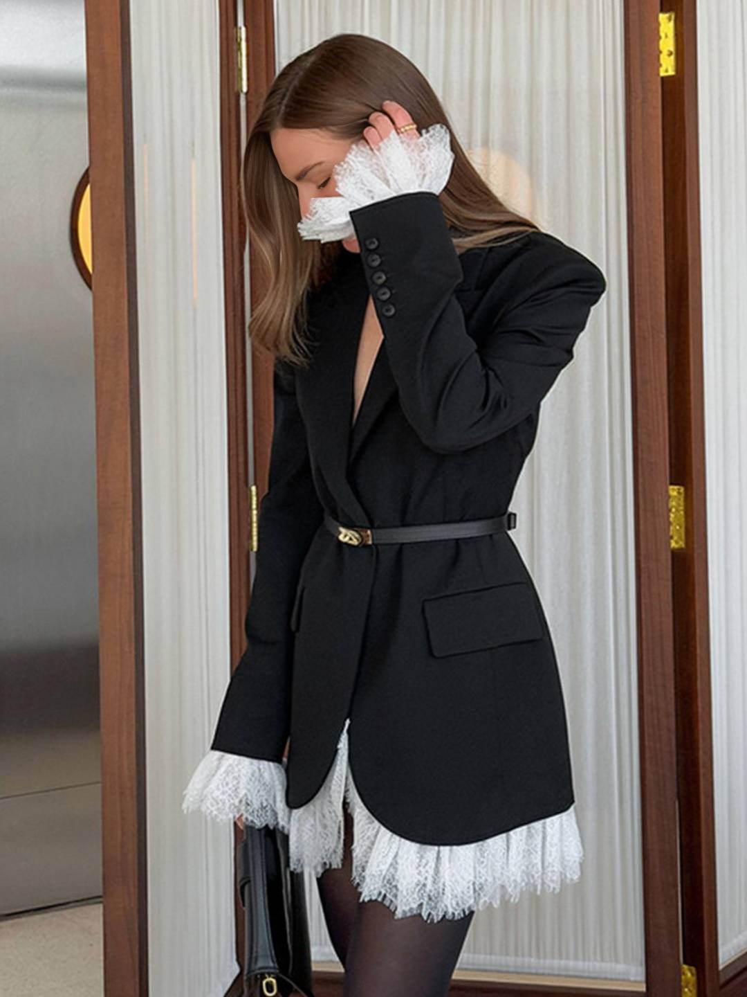 Cocolii robe blazer femme moulante avec bordure en dentelle col revers manches longues femme élégant veste