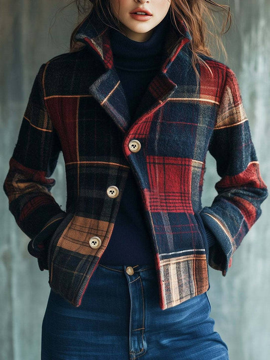 Cocolii blazer veste courte femme à carreaux boutonnage poches col revers casual décontracté vintage manteau