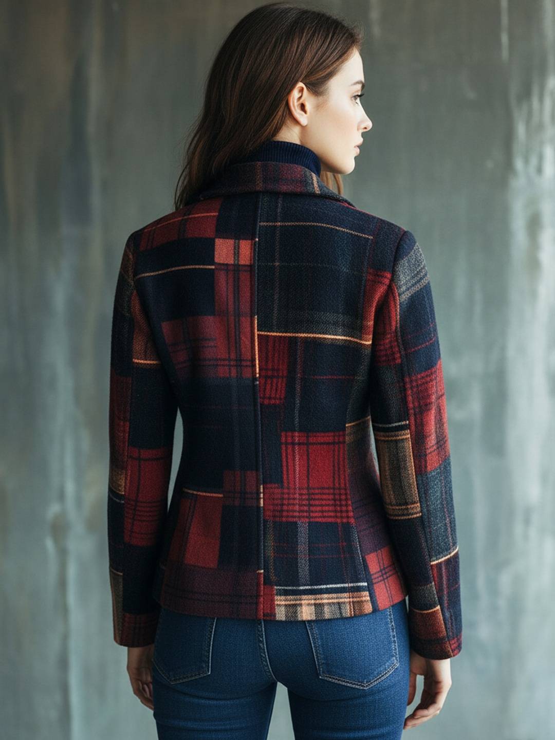 Cocolii blazer veste courte femme à carreaux boutonnage poches col revers casual décontracté vintage manteau