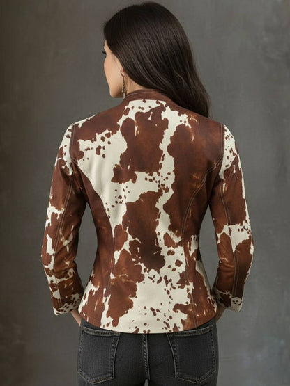 Cocolii court veste femme peinture imprimé vache blazer cintré boutonnage col montant vintage pour mi-saison