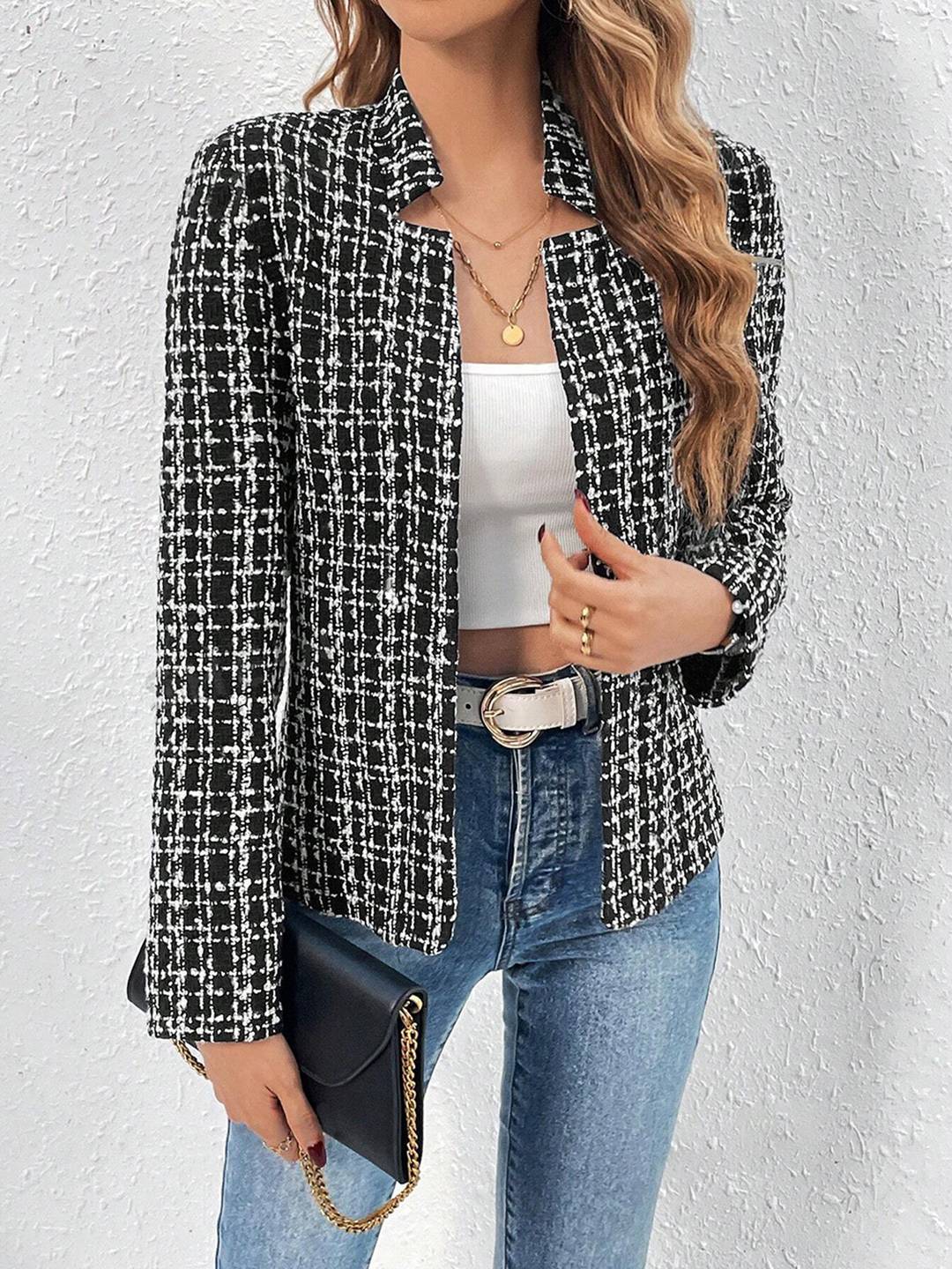 Cocolii court veste en tweed femme chic et élégante blazer ouvert manches longues manteau court pour automne hiver