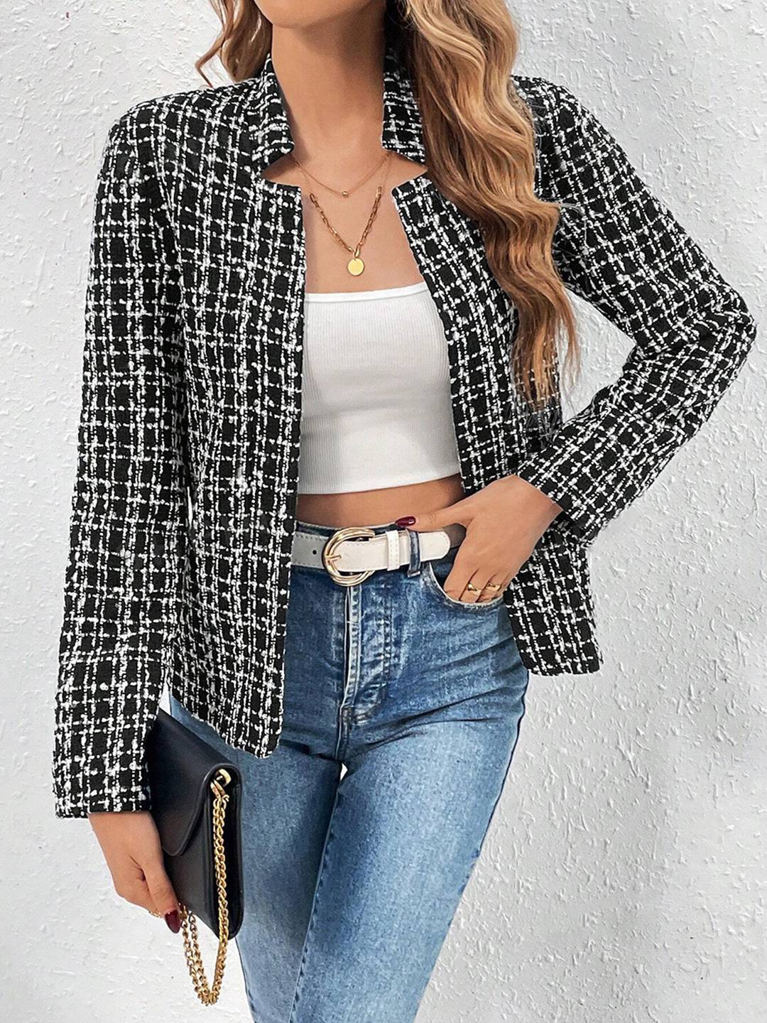 Cocolii court veste en tweed femme chic et élégante blazer ouvert manches longues manteau court pour automne hiver