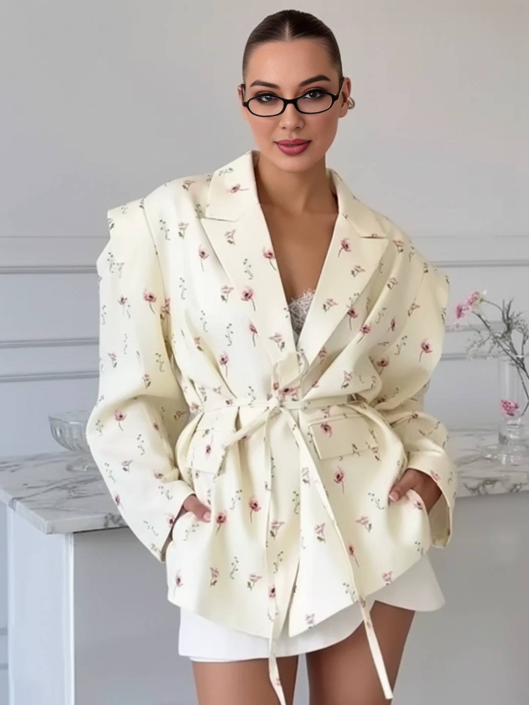 Cocolii oversized épaulettes blazer femme imprimé à fleurie poches ceinture col revers décontracté veste pour mi-saison