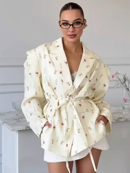 Cocolii oversized épaulettes blazer femme imprimé à fleurie poches ceinture col revers décontracté veste pour mi-saison