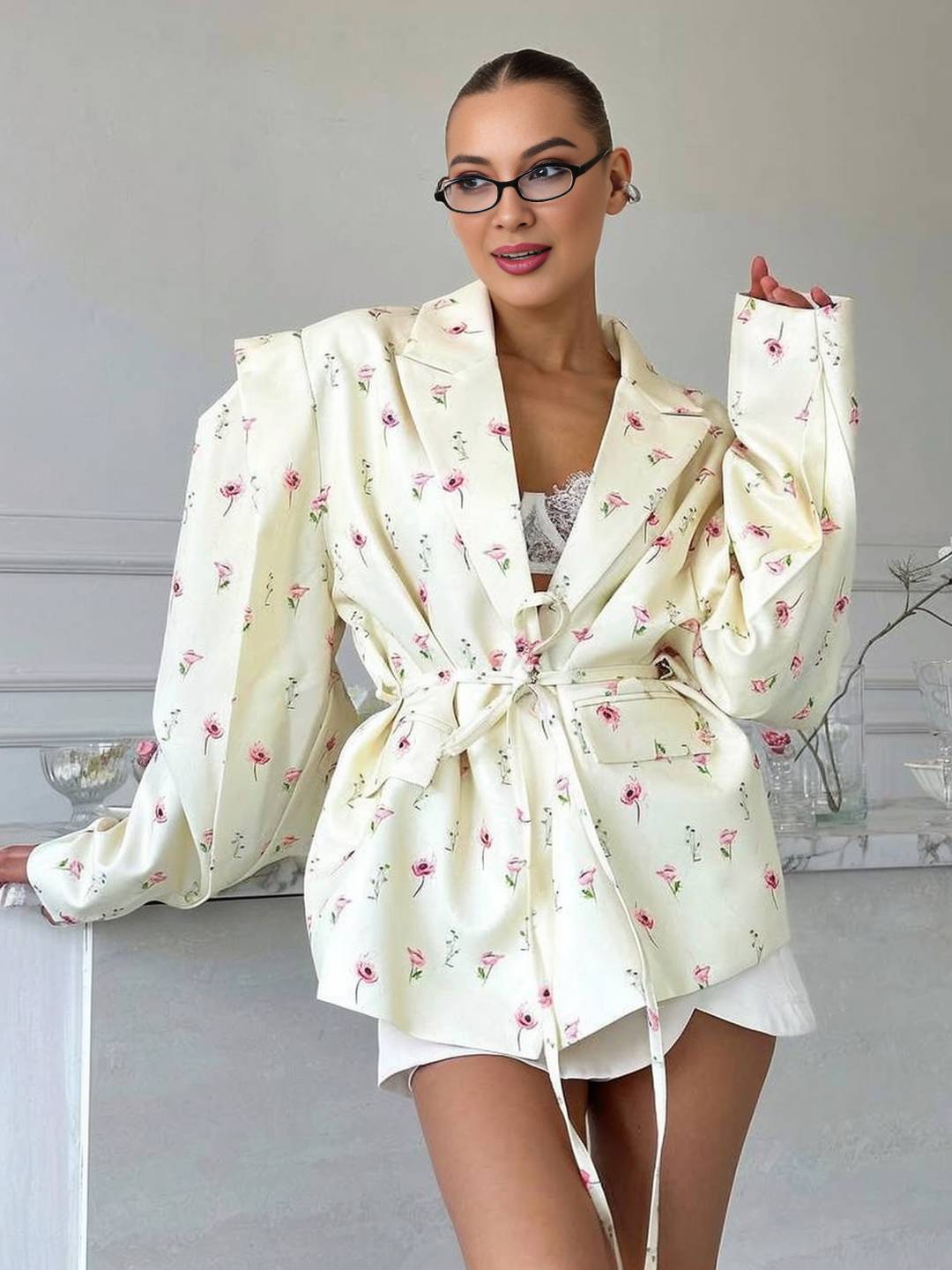 Cocolii oversized épaulettes blazer femme imprimé à fleurie poches ceinture col revers décontracté veste pour mi-saison