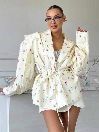 Cocolii oversized épaulettes blazer femme imprimé à fleurie poches ceinture col revers décontracté veste pour mi-saison
