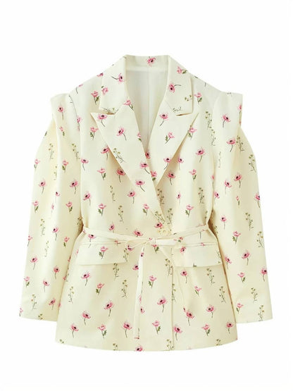 Cocolii oversized épaulettes blazer femme imprimé à fleurie poches ceinture col revers décontracté veste pour mi-saison