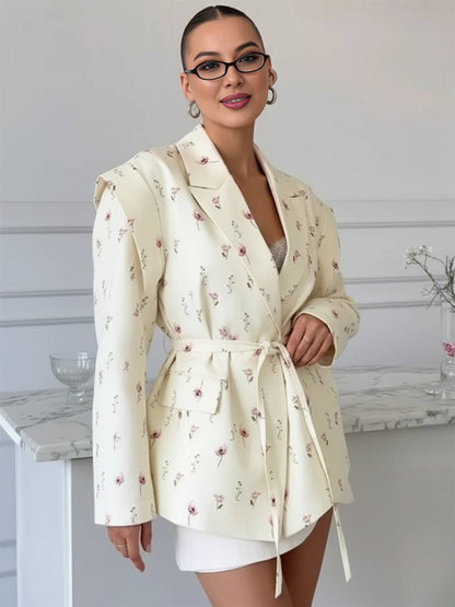 Cocolii oversized épaulettes blazer femme imprimé à fleurie poches ceinture col revers décontracté veste pour mi-saison