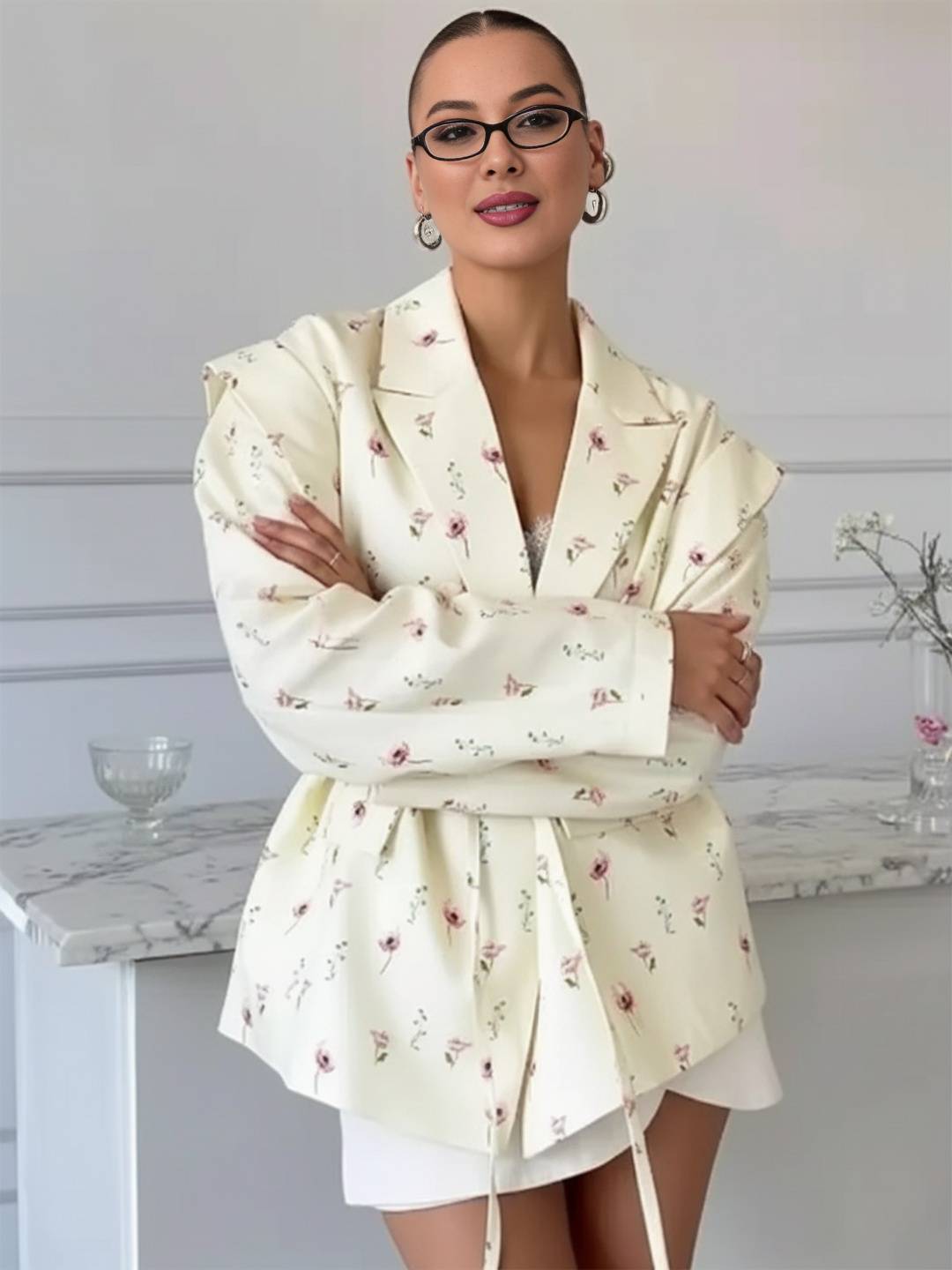 Cocolii oversized épaulettes blazer femme imprimé à fleurie poches ceinture col revers décontracté veste pour mi-saison