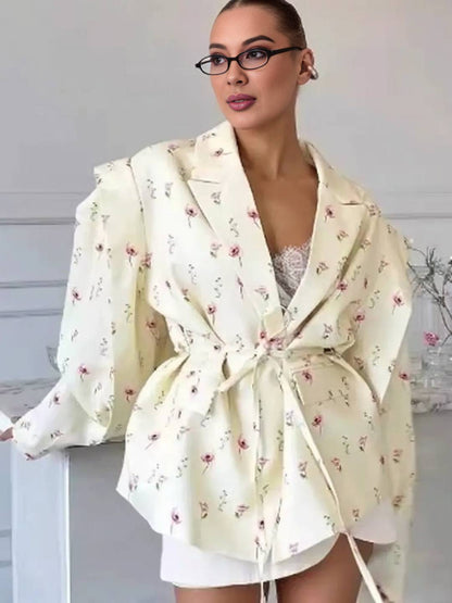 Cocolii oversized épaulettes blazer femme imprimé à fleurie poches ceinture col revers décontracté veste pour mi-saison