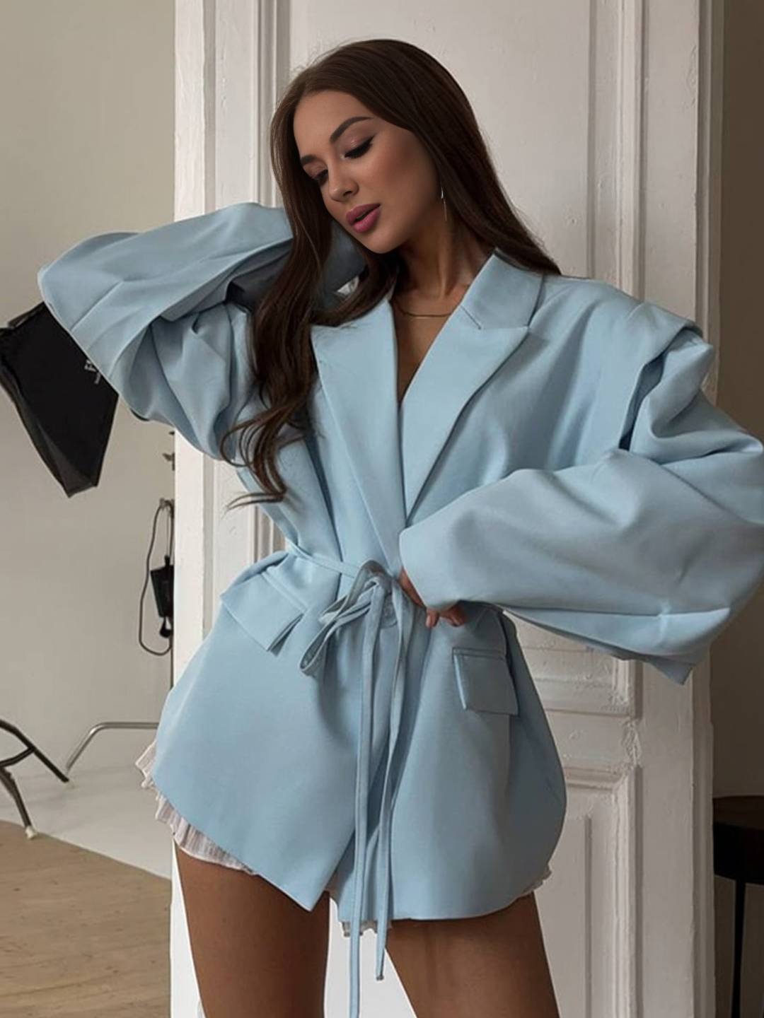 Cocolii blazer femme unicolore poches ceinture col revers manches longues femme style tailleur élégant oversized veste