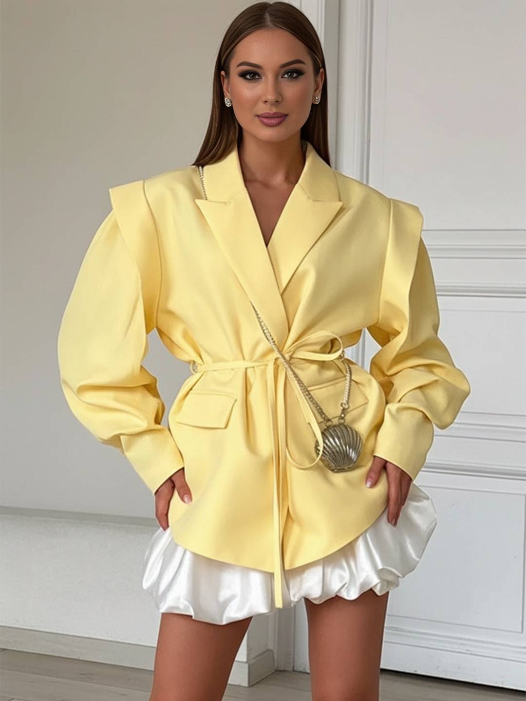 Cocolii blazer femme unicolore poches ceinture col revers manches longues femme style tailleur élégant oversized veste