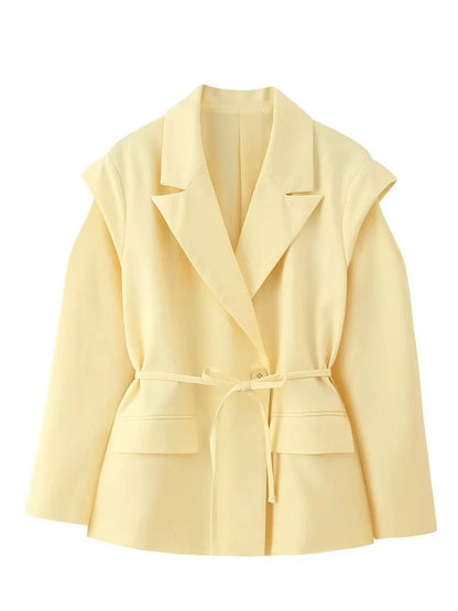 Cocolii blazer femme unicolore poches ceinture col revers manches longues femme style tailleur élégant oversized veste