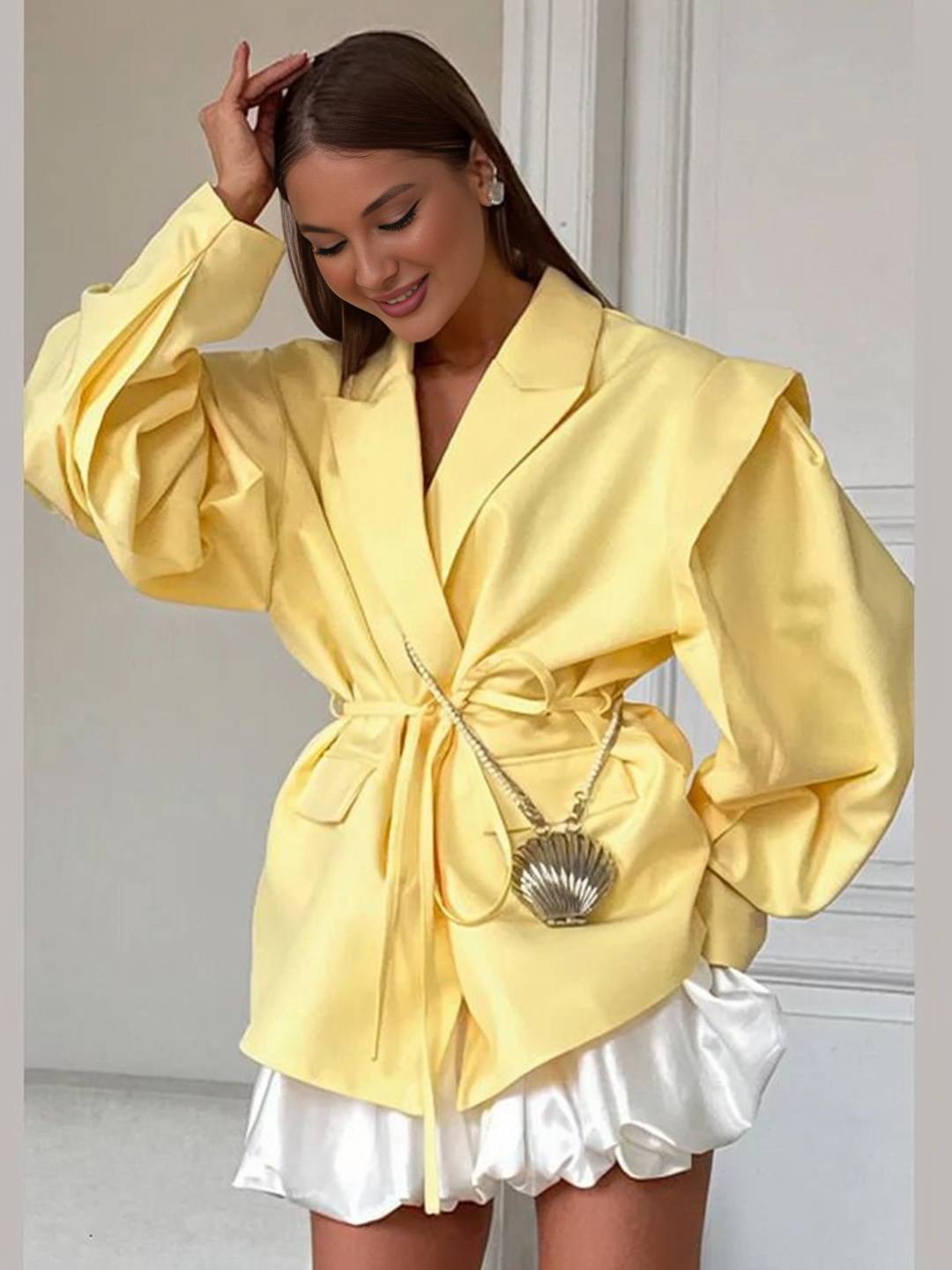 Cocolii blazer femme unicolore poches ceinture col revers manches longues femme style tailleur élégant oversized veste