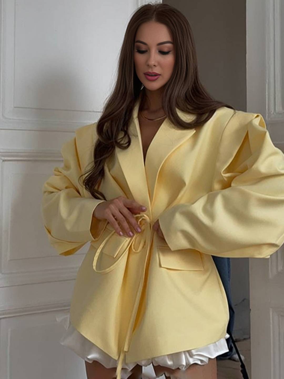 Cocolii blazer femme unicolore poches ceinture col revers manches longues femme style tailleur élégant oversized veste