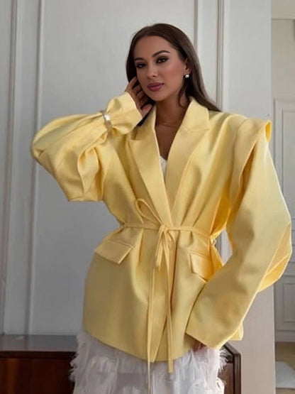 Cocolii blazer femme unicolore poches ceinture col revers manches longues femme style tailleur élégant oversized veste