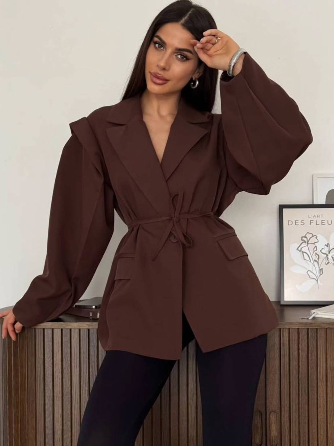 Cocolii blazer femme unicolore poches ceinture col revers manches longues femme style tailleur élégant oversized veste