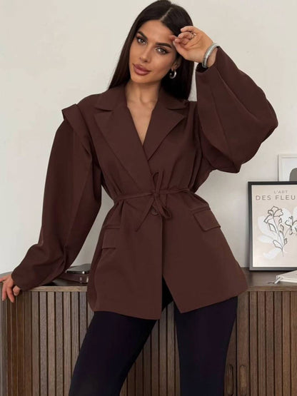 Cocolii blazer femme unicolore poches ceinture col revers manches longues femme style tailleur élégant oversized veste