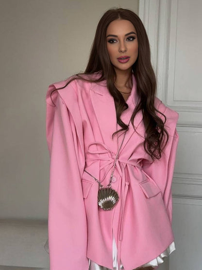 Cocolii blazer femme unicolore poches ceinture col revers manches longues femme style tailleur élégant oversized veste