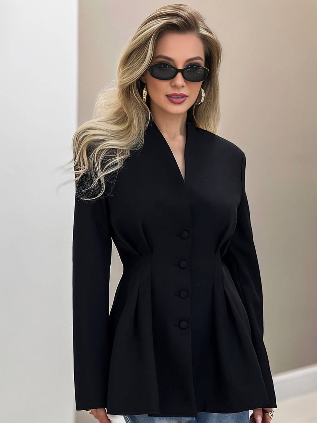 Cocolii noir blazer femme taille cintrée boutonnage v-cou manches longues élégant décontracté vintage veste de bureau