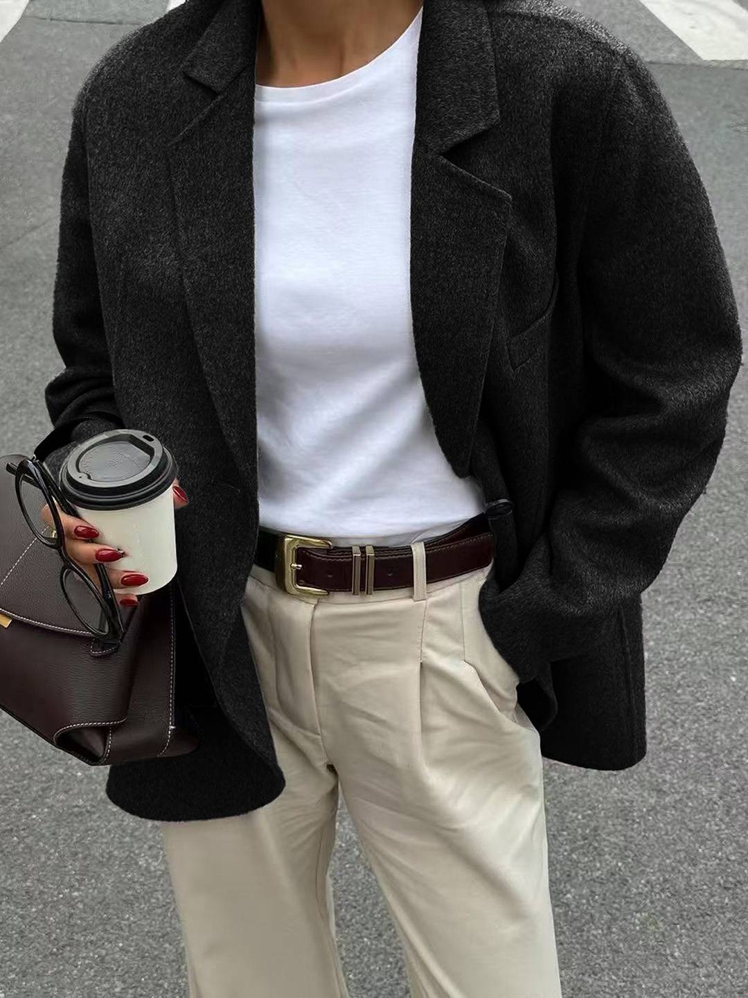 Cocolii veste blazer femme oversize manteau d'autommne aspect laine boutonnage manches longues décontracté