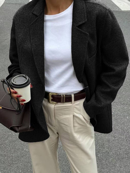 Cocolii veste blazer femme oversize manteau d'autommne aspect laine boutonnage manches longues décontracté
