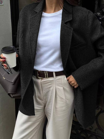 Cocolii veste blazer femme oversize manteau d'autommne aspect laine boutonnage manches longues décontracté