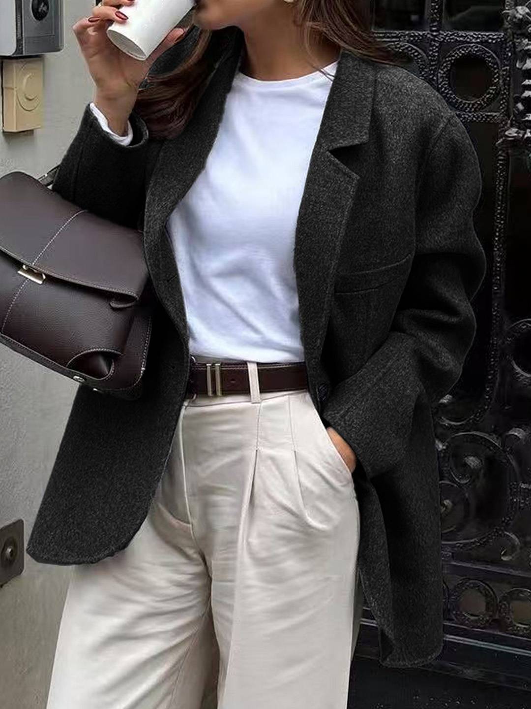 Cocolii veste blazer femme oversize manteau d'autommne aspect laine boutonnage manches longues décontracté