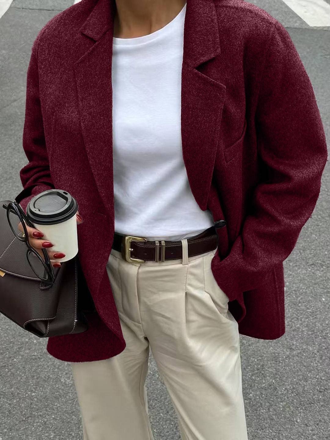 Cocolii veste blazer femme oversize manteau d'autommne aspect laine boutonnage manches longues décontracté